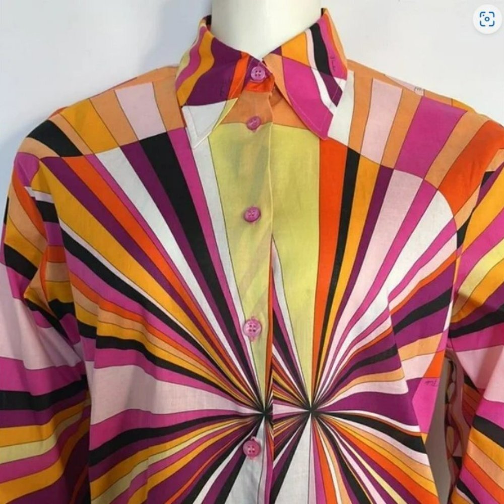 Emilio Pucci Button Down Pink Yellow Black Long Sleeve Shirt Blouse Top Size 8 - Picture 3 of 12